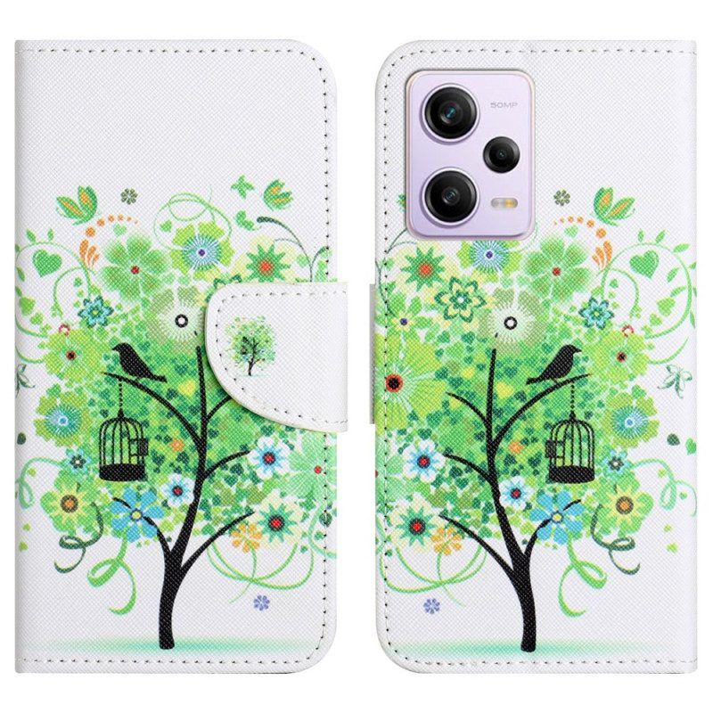 Folio-hoesje voor Xiaomi Redmi Note 12 5G Met Ketting Groene Gebladerte Riem Boom