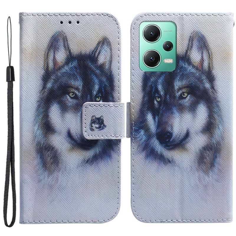 Folio-hoesje voor Xiaomi Redmi Note 12 5G Met Ketting Strappy Aquarel Wolf