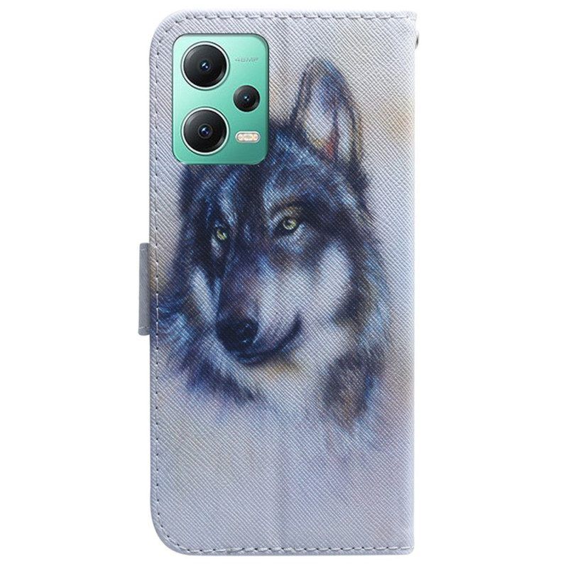 Folio-hoesje voor Xiaomi Redmi Note 12 5G Met Ketting Strappy Aquarel Wolf