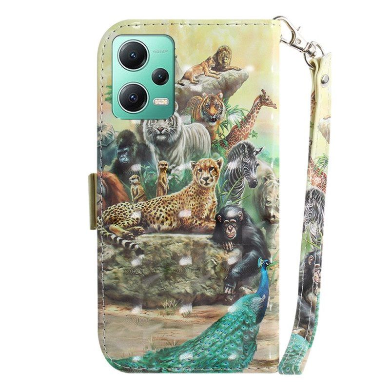 Folio-hoesje voor Xiaomi Redmi Note 12 5G Met Ketting String Safari Dieren