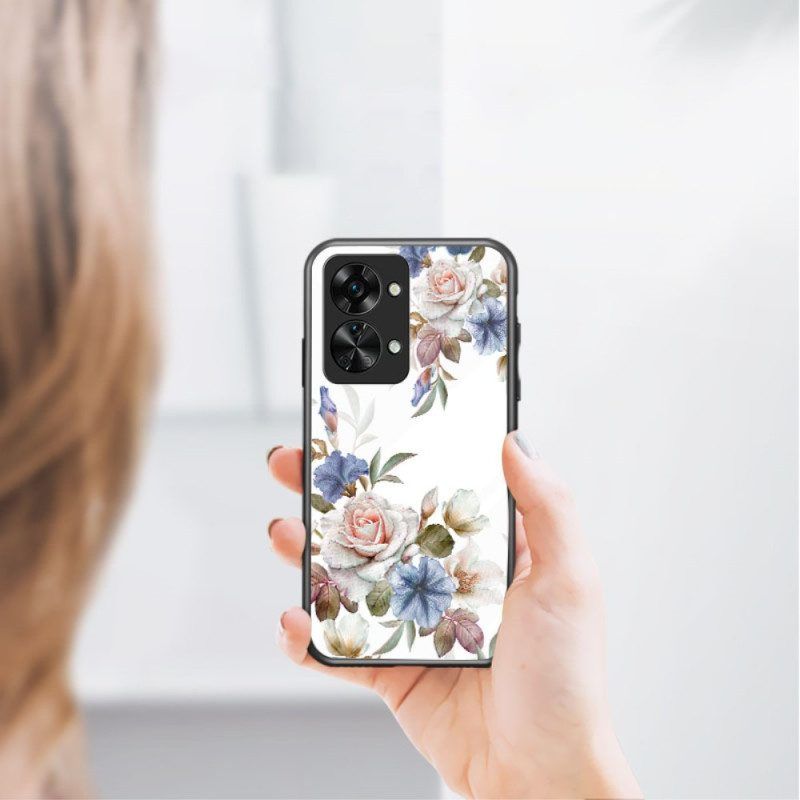 Hoesje voor OnePlus Nord 2T 5G Gehard Glas Bloemen Ring Diamanten