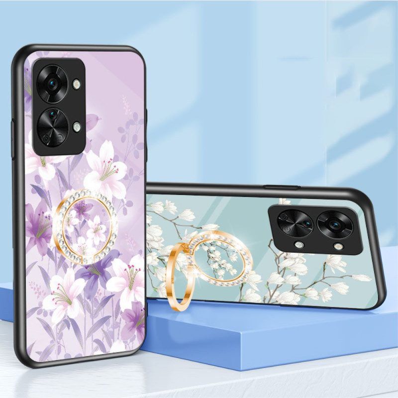 Hoesje voor OnePlus Nord 2T 5G Gehard Glas Bloemen Ring Diamanten