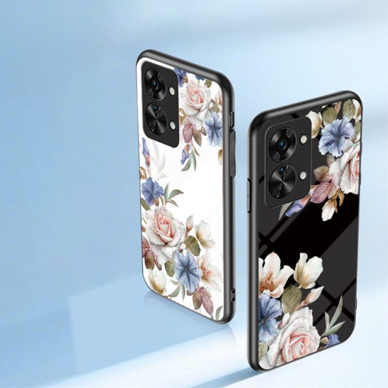 Hoesje voor OnePlus Nord 2T 5G Gehard Glas Bloemen Ring Diamanten