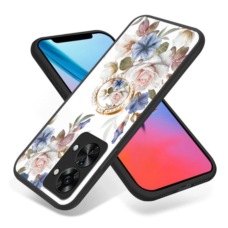 Hoesje voor OnePlus Nord 2T 5G Gehard Glas Bloemen Ring Diamanten