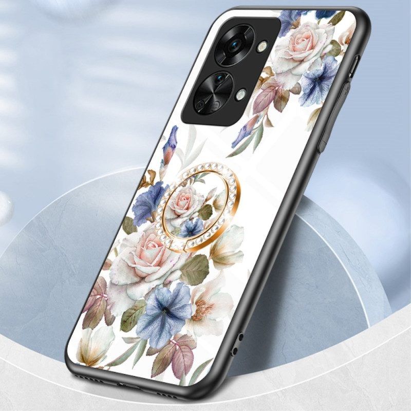 Hoesje voor OnePlus Nord 2T 5G Gehard Glas Bloemen Ring Diamanten