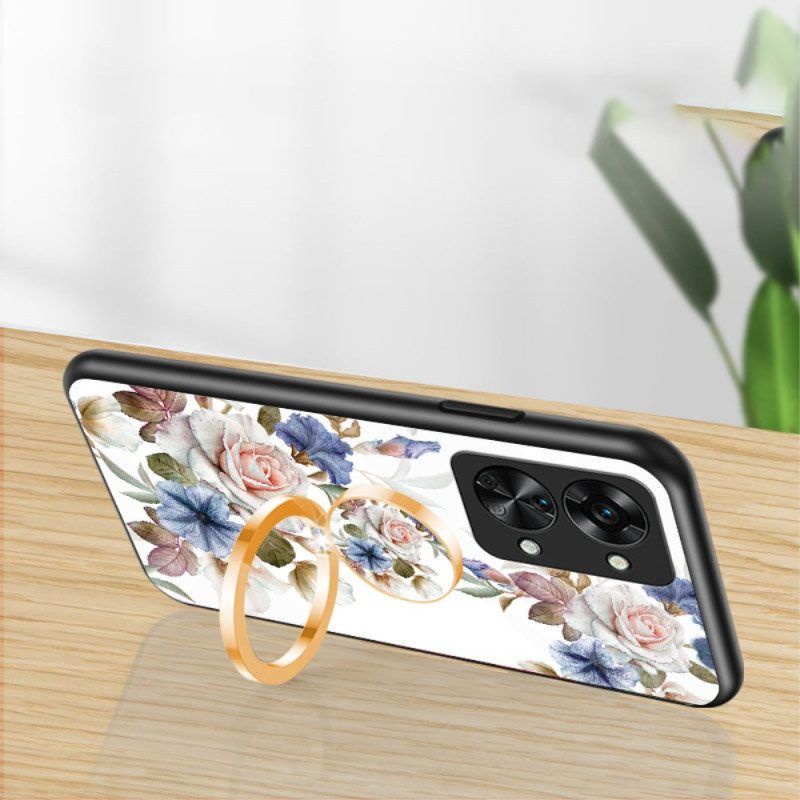 Hoesje voor OnePlus Nord 2T 5G Gehard Glas Bloemen Ring Diamanten