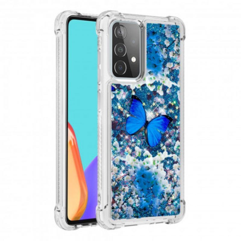 Hoesje voor Samsung Galaxy A52 4G / A52 5G / A52s 5G Glitter Blauwe Vlinders