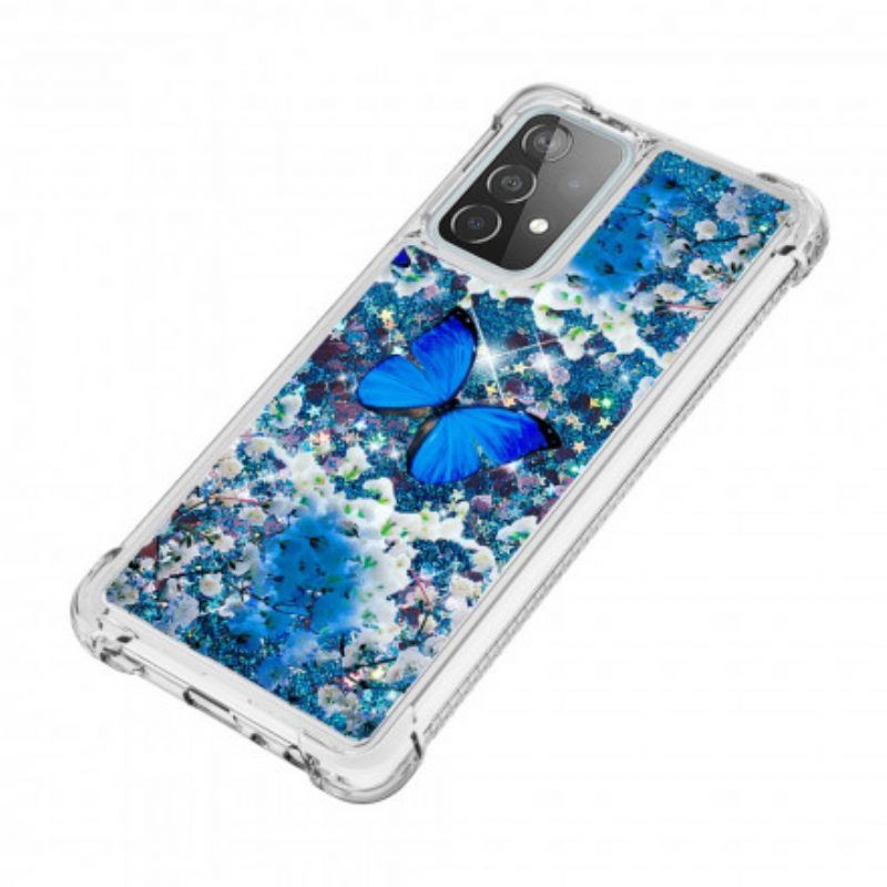 Hoesje voor Samsung Galaxy A52 4G / A52 5G / A52s 5G Glitter Blauwe Vlinders