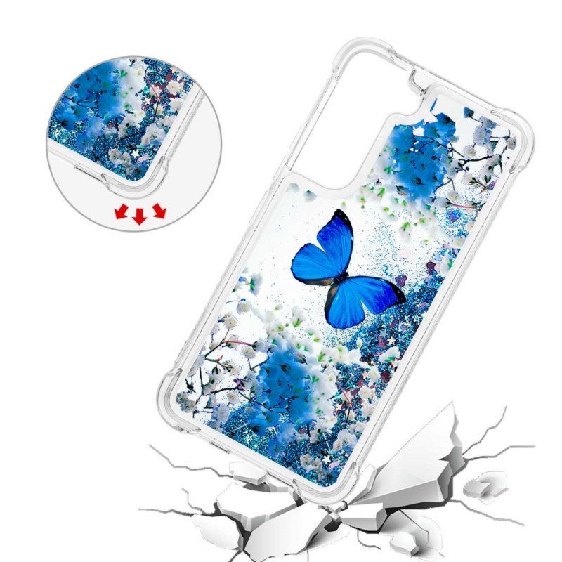 Hoesje voor Samsung Galaxy S22 5G Glitter Blauwe Vlinders