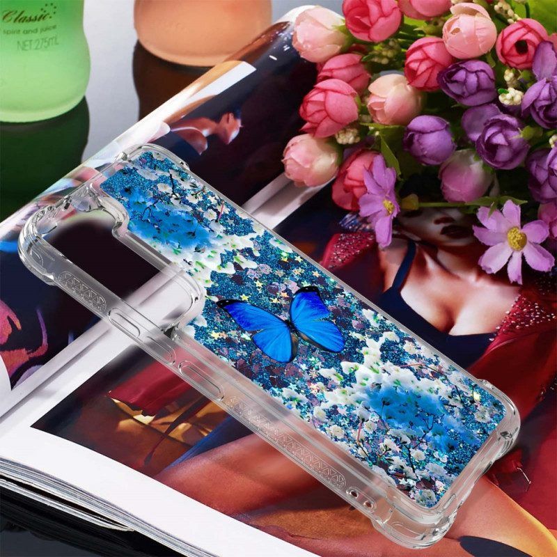 Hoesje voor Samsung Galaxy S22 5G Glitter Blauwe Vlinders