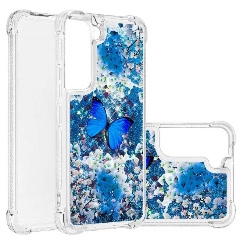 Hoesje voor Samsung Galaxy S22 5G Glitter Blauwe Vlinders