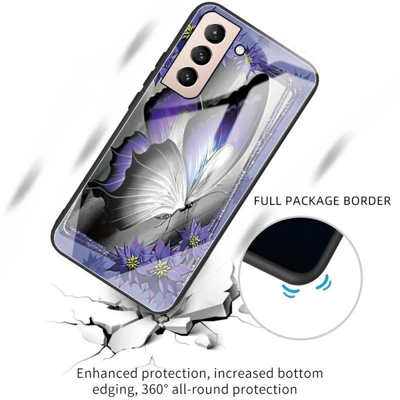 Hoesje voor Samsung Galaxy S22 5G Paars Vlinder Gehard Glas