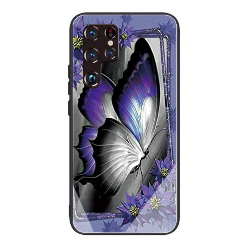 Hoesje voor Samsung Galaxy S22 Ultra 5G Paars Vlinder Gehard Glas