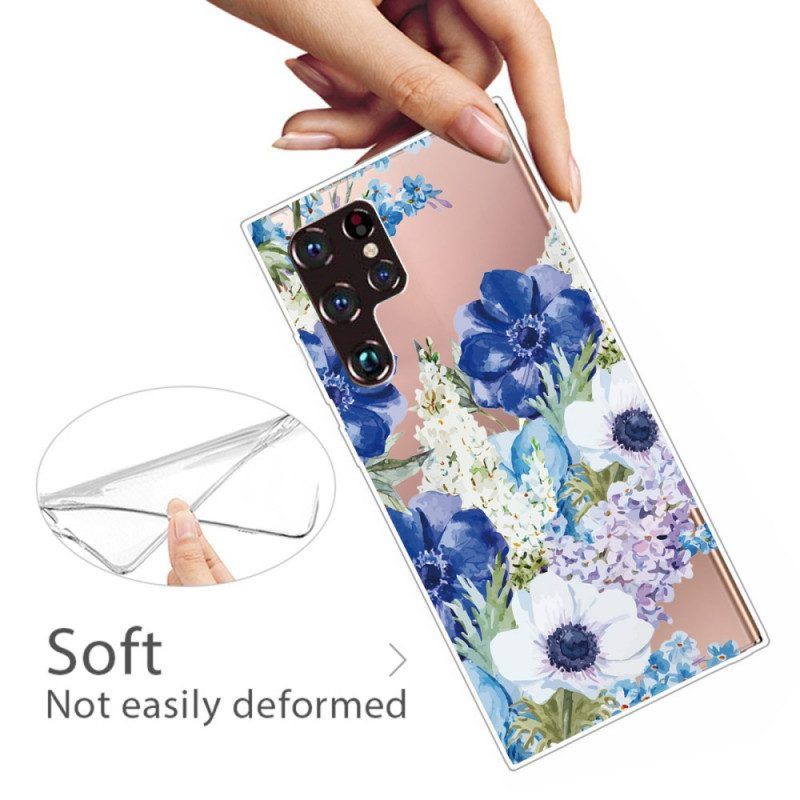 Hoesje voor Samsung Galaxy S22 Ultra 5G Waterverf Blauwe Bloemen