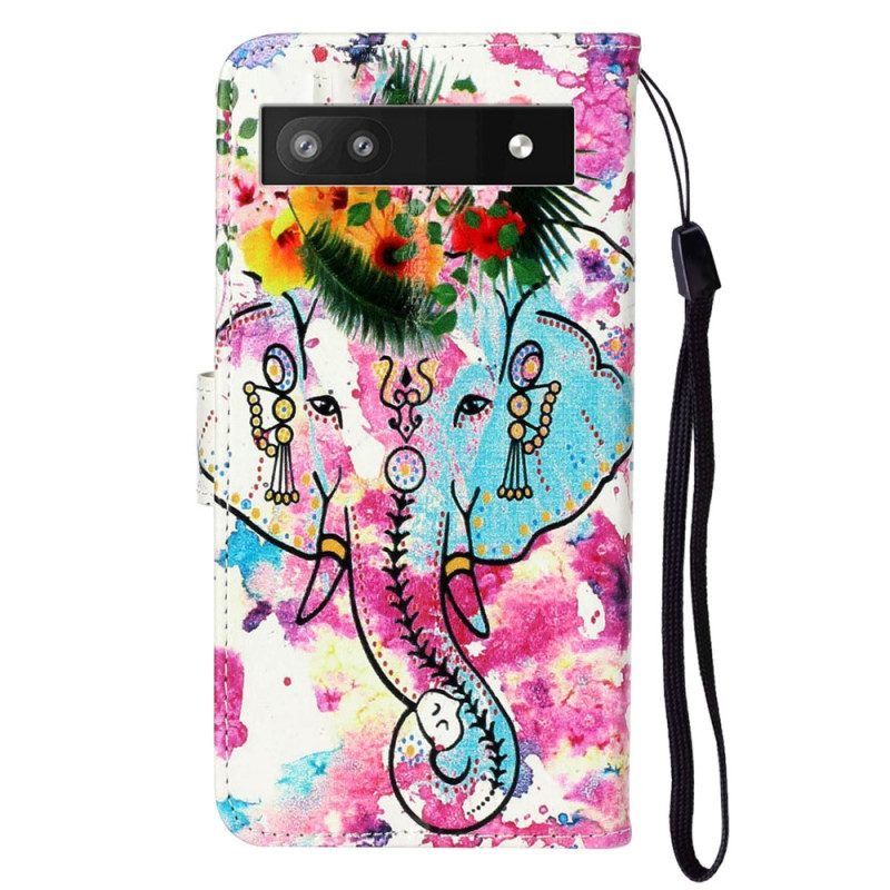 Leren Hoesje voor Google Pixel 7A Met Ketting Aquarel Olifant Met Riem