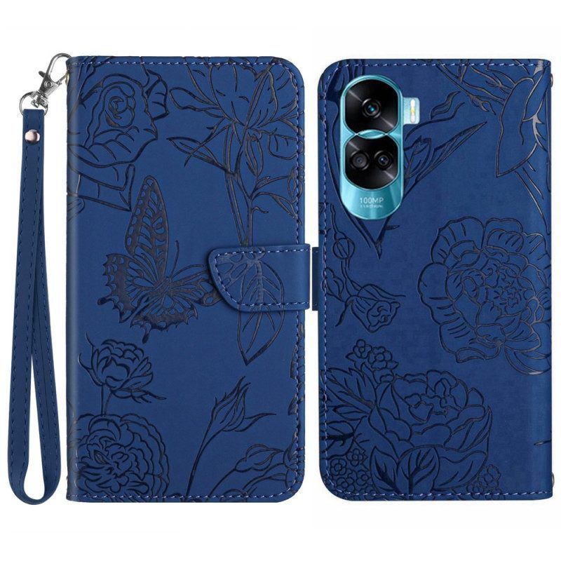 Leren Hoesje voor Honor 90 Lite Met Ketting Lanyard Vlinders