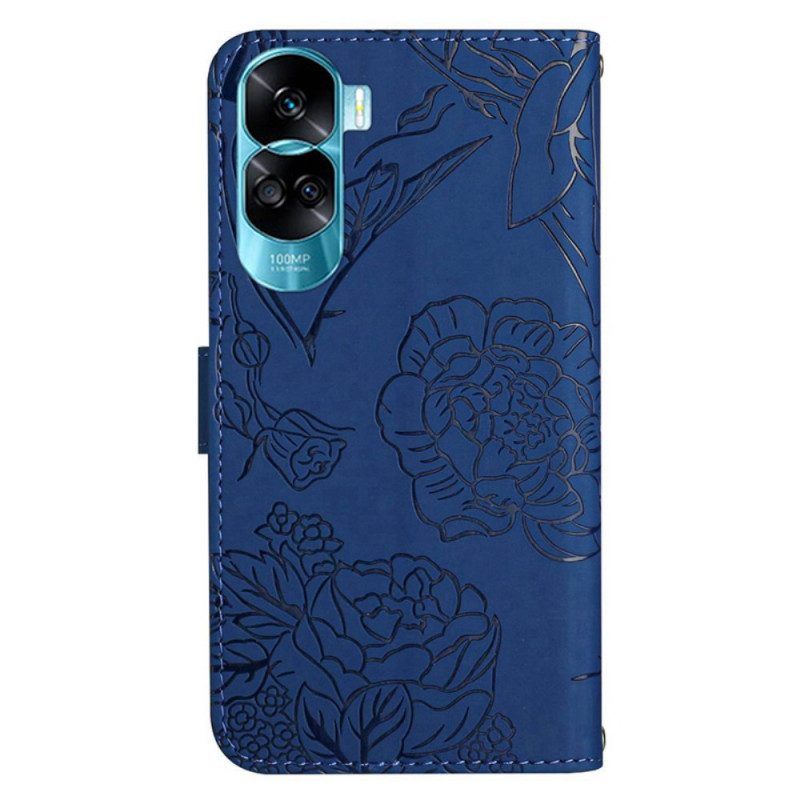 Leren Hoesje voor Honor 90 Lite Met Ketting Lanyard Vlinders