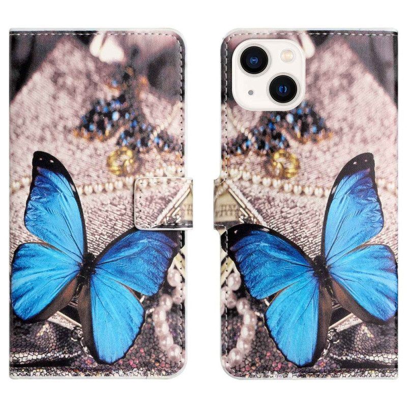 Leren Hoesje voor iPhone 14 Blauwe Vlinder