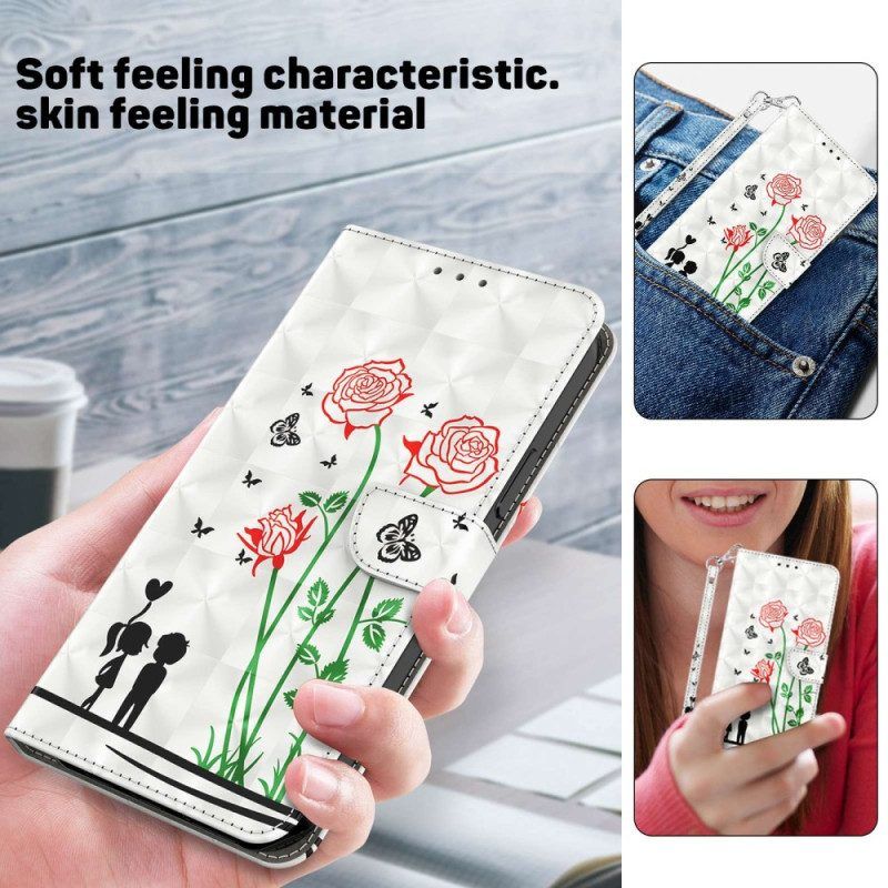 Leren Hoesje voor iPhone 14 Met Ketting Lanyard Liefde Paardebloemen