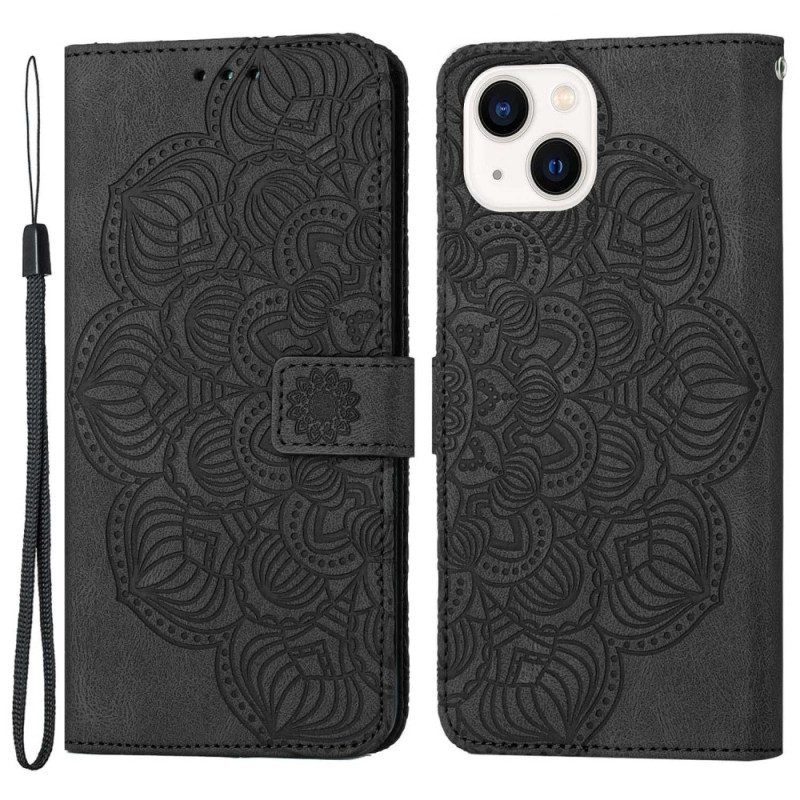 Leren Hoesje voor iPhone 14 Met Ketting Strakke Mandala