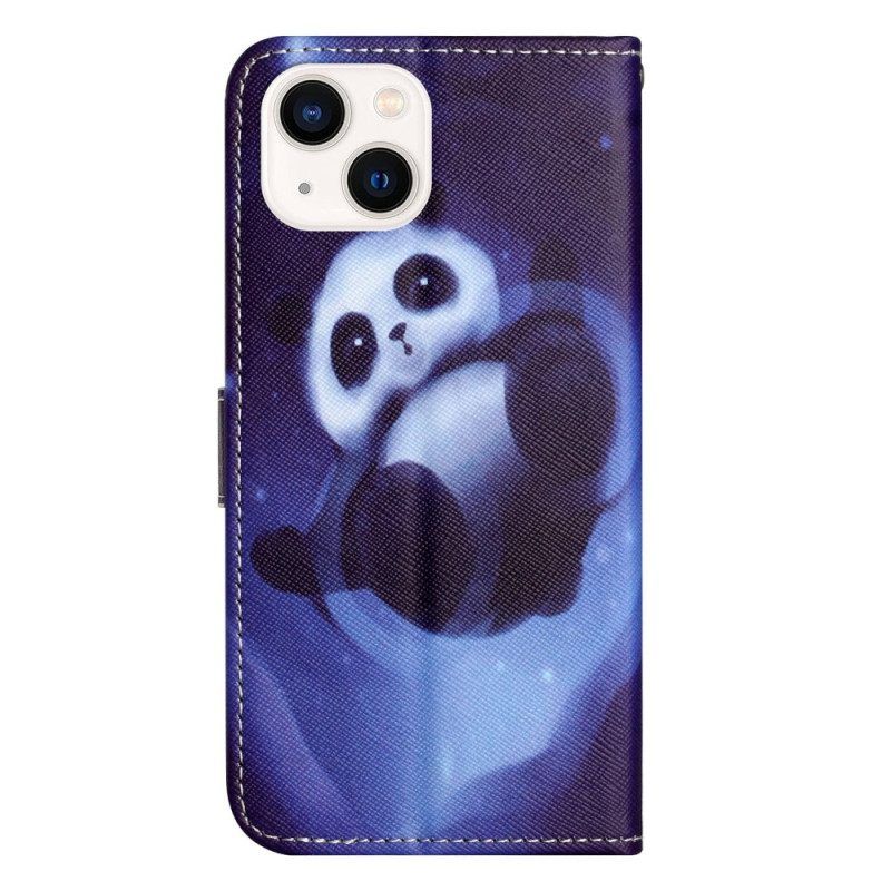 Leren Hoesje voor iPhone 14 Plus Met Ketting Panda In De Ruimte Met Sleutelkoord