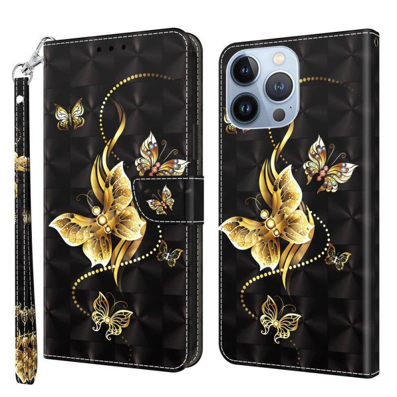 Leren Hoesje voor iPhone 14 Pro Met Ketting Gouden Vlinders Met Riem