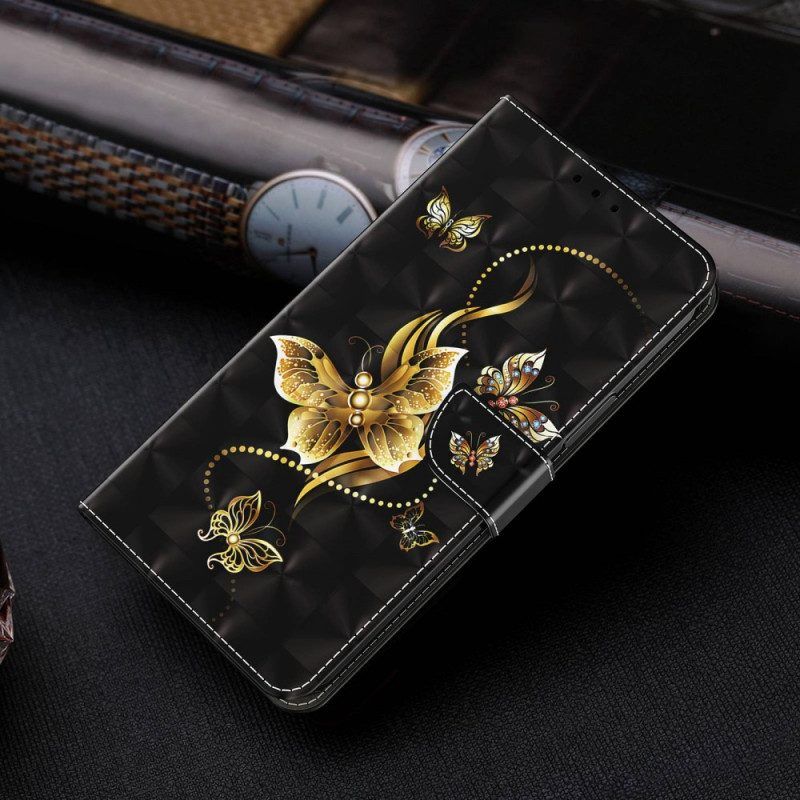 Leren Hoesje voor iPhone 14 Pro Met Ketting Gouden Vlinders Met Riem