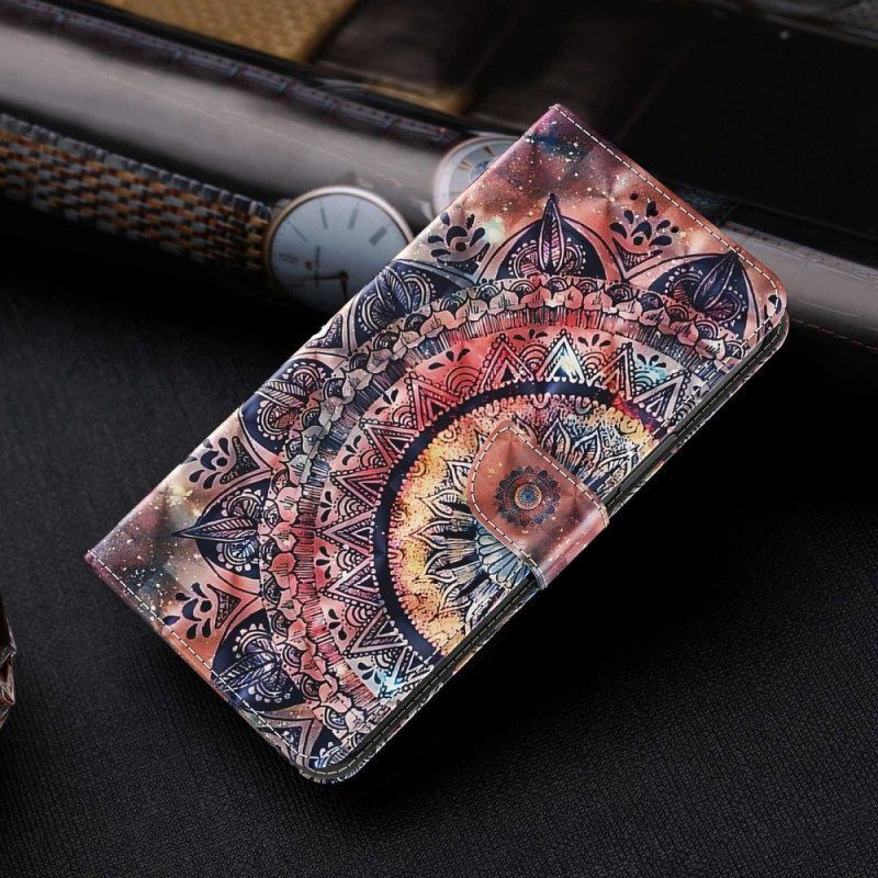 Leren Hoesje voor iPhone 14 Pro Met Ketting Kleurrijke Strappy Mandala