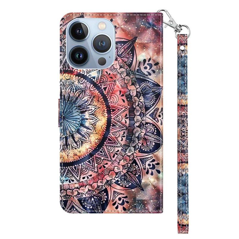 Leren Hoesje voor iPhone 14 Pro Met Ketting Kleurrijke Strappy Mandala