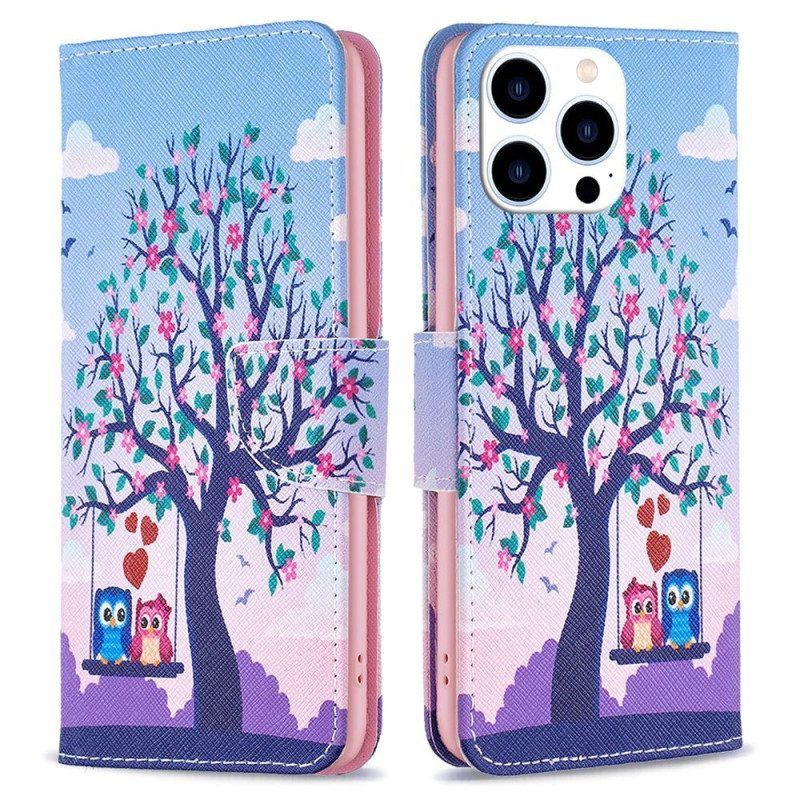 Leren Hoesje voor iPhone 14 Pro Uilen Op De Schommel