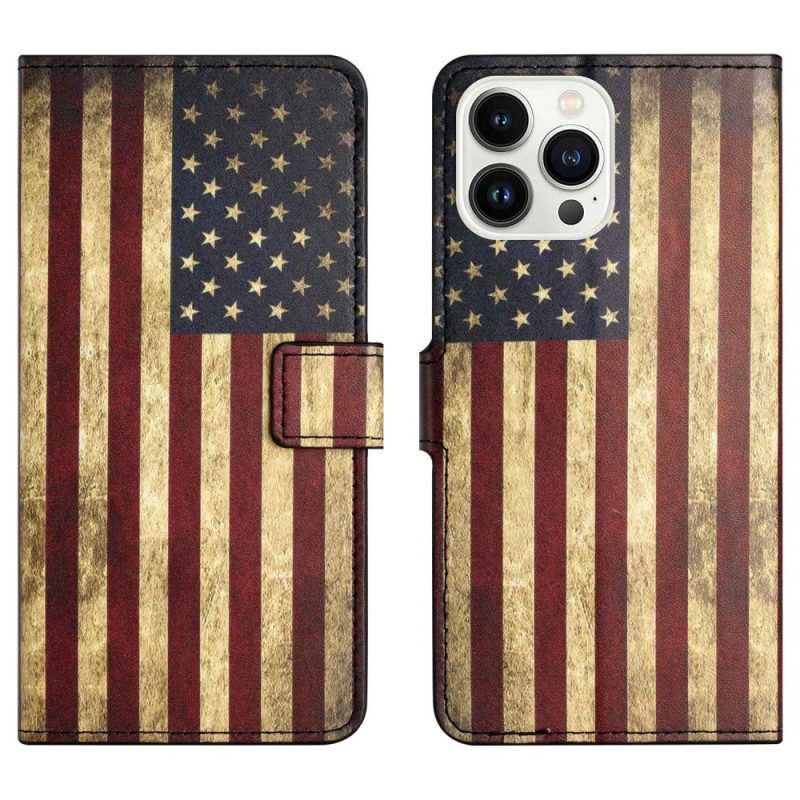 Leren Hoesje voor iPhone 14 Pro Vintage Amerikaanse Vlag