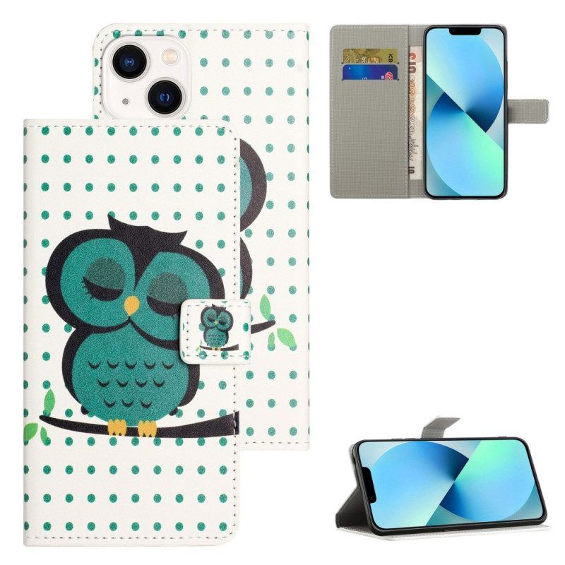 Leren Hoesje voor iPhone 14 Slapende Uil