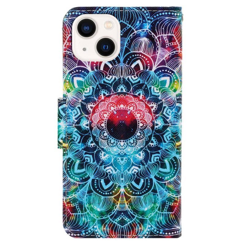 Leren Hoesje voor iPhone 15 Met Ketting Kleurrijke Mandala Met Bandje