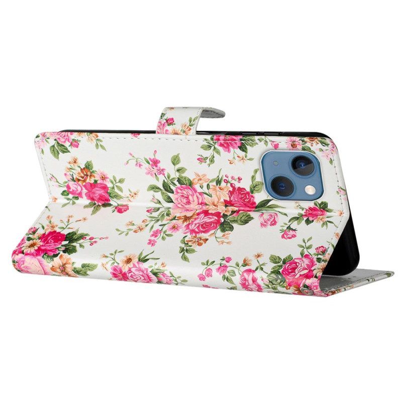 Leren Hoesje voor iPhone 15 Met Ketting Liberty-bloemen Met Riem