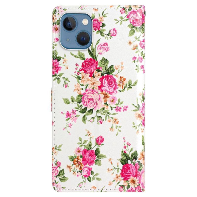 Leren Hoesje voor iPhone 15 Met Ketting Liberty-bloemen Met Riem