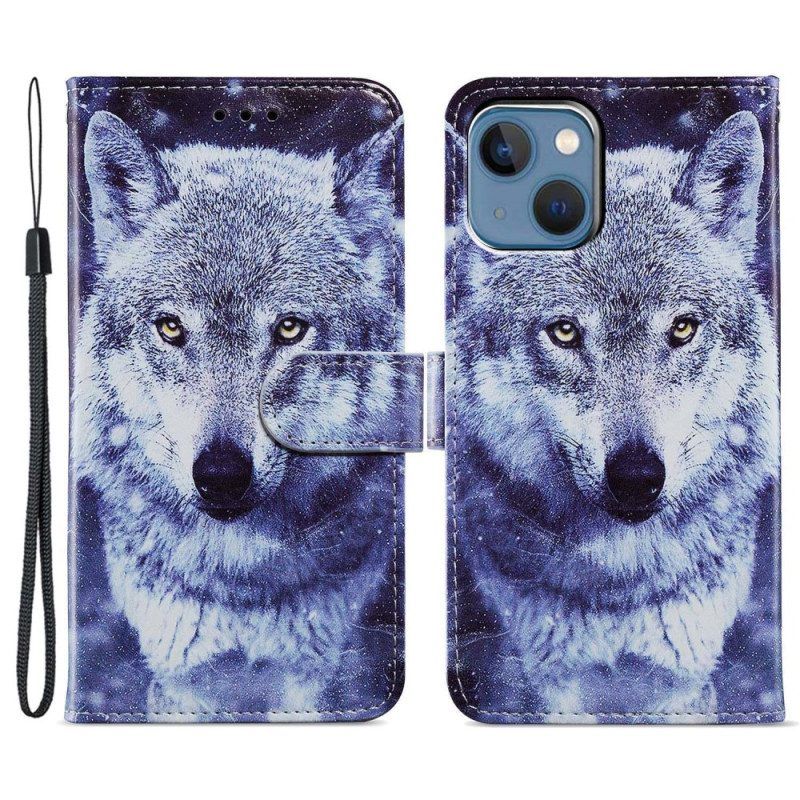 Leren Hoesje voor iPhone 15 Met Ketting Witte Wolf Met Riem