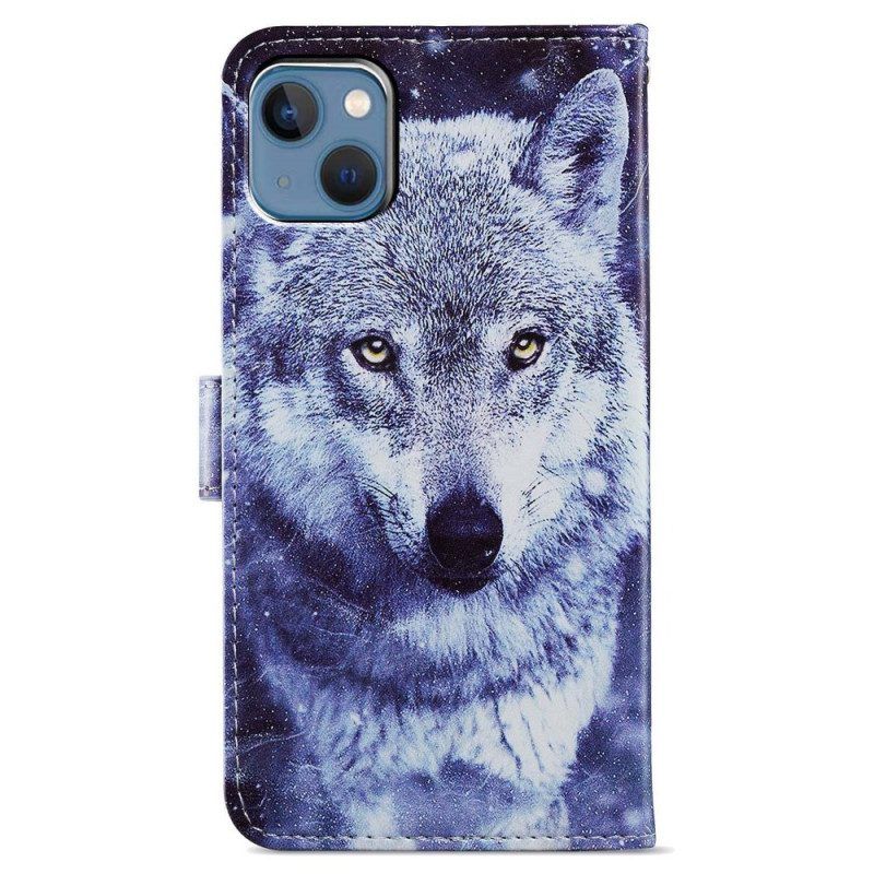 Leren Hoesje voor iPhone 15 Met Ketting Witte Wolf Met Riem