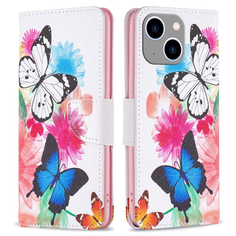 Leren Hoesje voor iPhone 15 Plus Aquarelvlinders