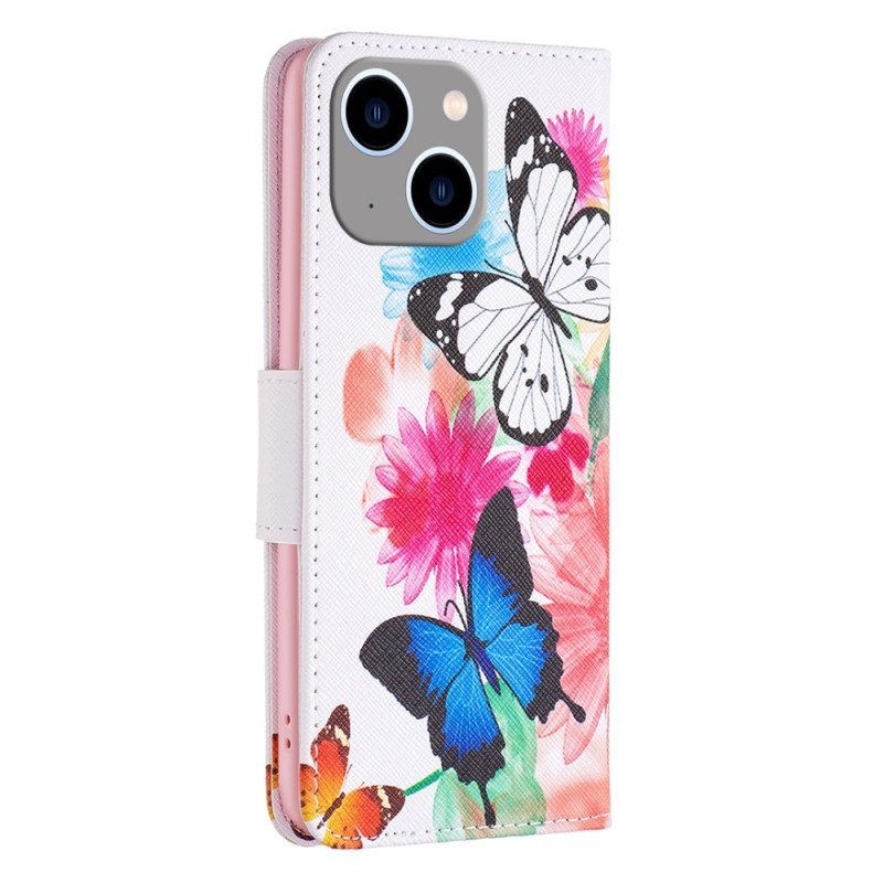 Leren Hoesje voor iPhone 15 Plus Aquarelvlinders