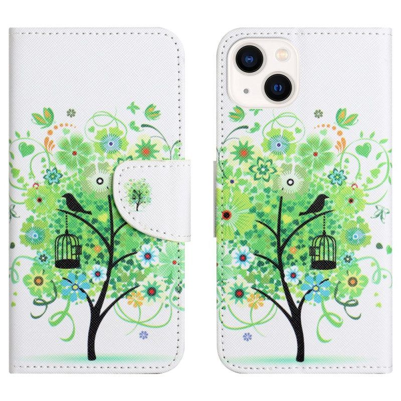 Leren Hoesje voor iPhone 15 Plus Boom Met Groen Blad