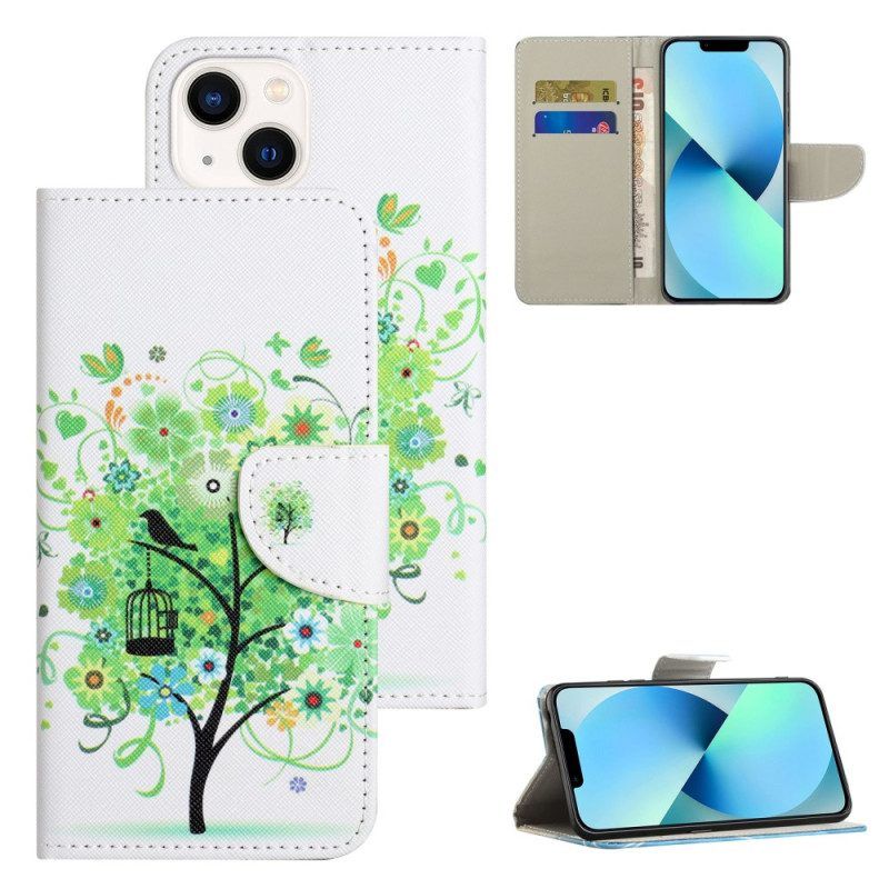 Leren Hoesje voor iPhone 15 Plus Boom Met Groen Blad