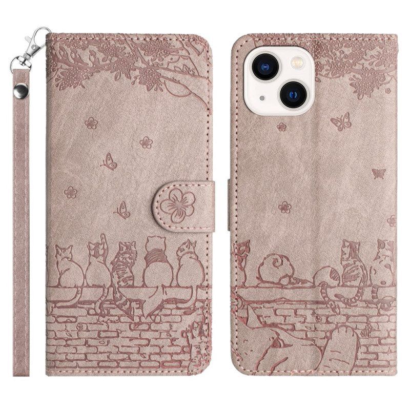 Leren Hoesje voor iPhone 15 Plus Met Ketting Bloemenkat Met Riem