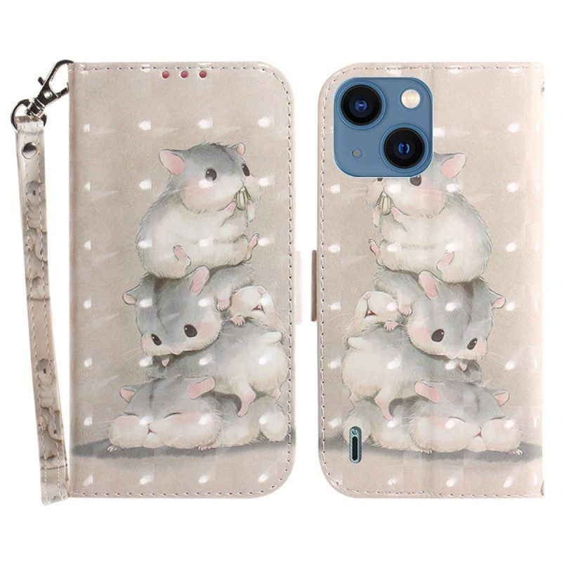 Leren Hoesje voor iPhone 15 Plus Met Ketting Hamsters Met Riem