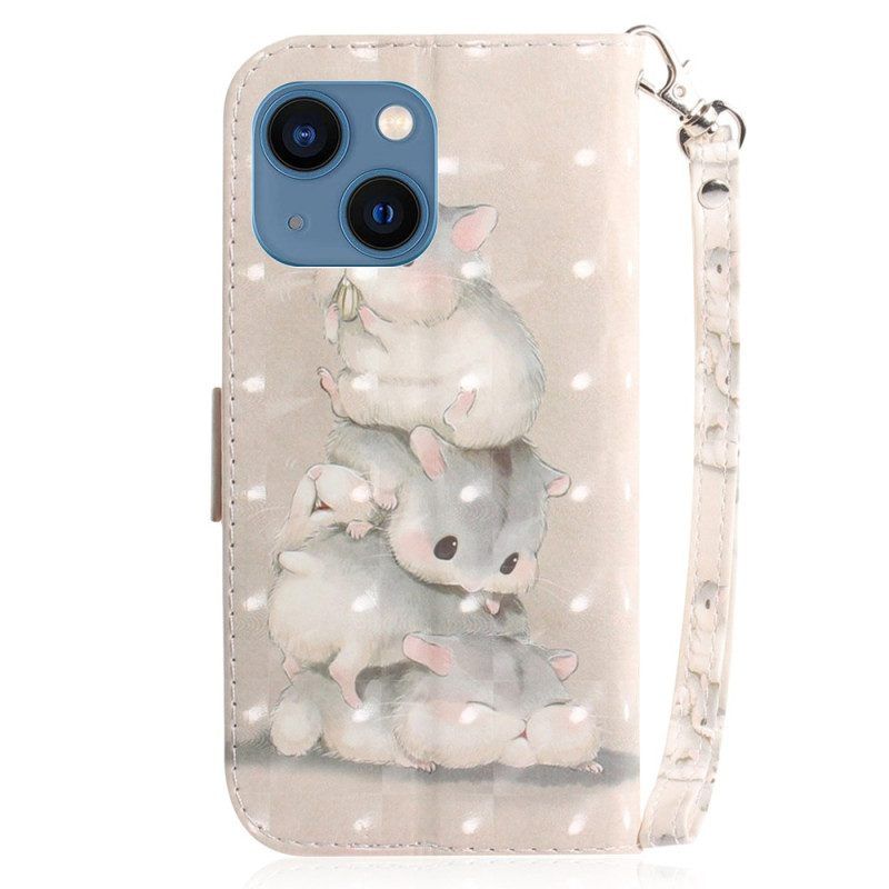 Leren Hoesje voor iPhone 15 Plus Met Ketting Hamsters Met Riem