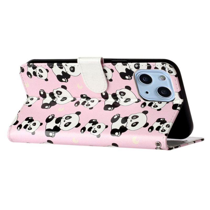 Leren Hoesje voor iPhone 15 Plus Met Ketting Kleine Panda's Met Riem