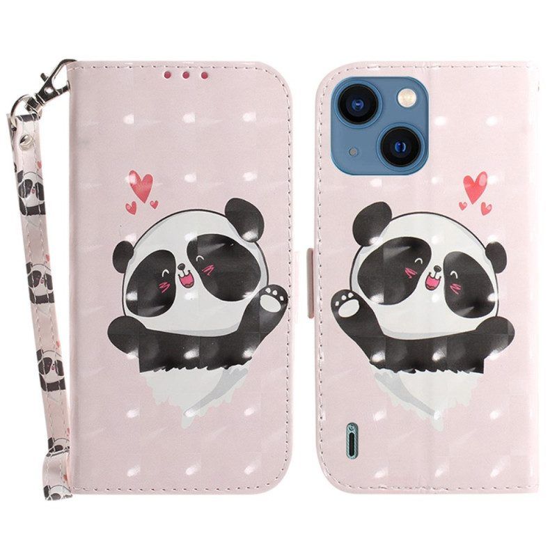 Leren Hoesje voor iPhone 15 Plus Met Ketting Panda Love Met Riempje