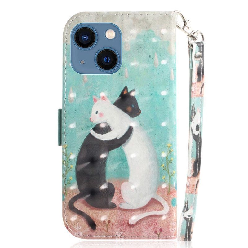 Leren Hoesje voor iPhone 15 Plus Met Ketting Zwarte Kat Witte Kat Met Riem