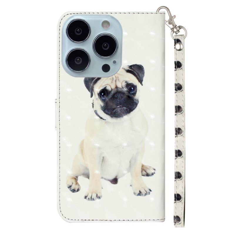 Leren Hoesje voor iPhone 15 Pro Max Met Ketting 3d Mopshond Met Riem