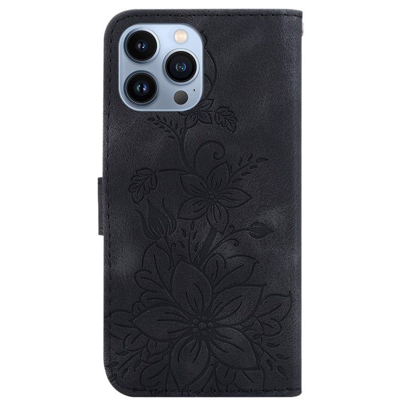 Leren Hoesje voor iPhone 15 Pro Max Met Ketting Bloemenband