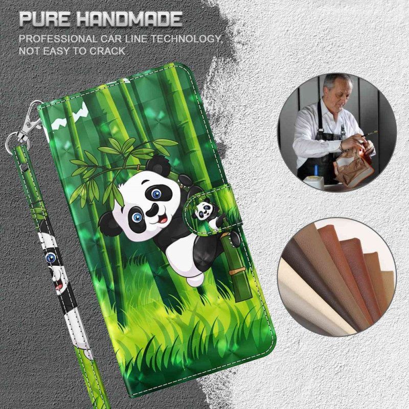 Leren Hoesje voor Moto G73 5G Met Ketting Panda En Bamboe Met Lanyard